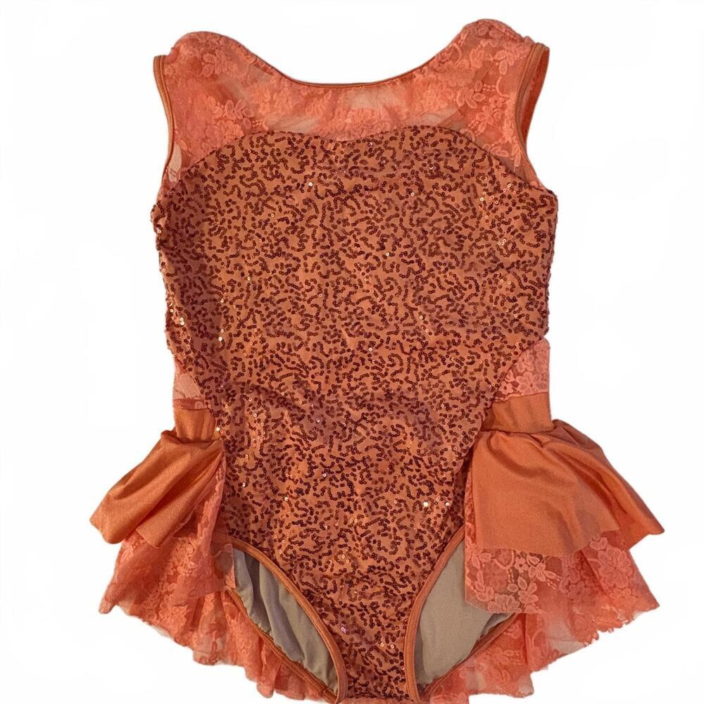 Weissman Girls Peach Sequined Lace Ruffled Dance Halloween Costume Sparkly
